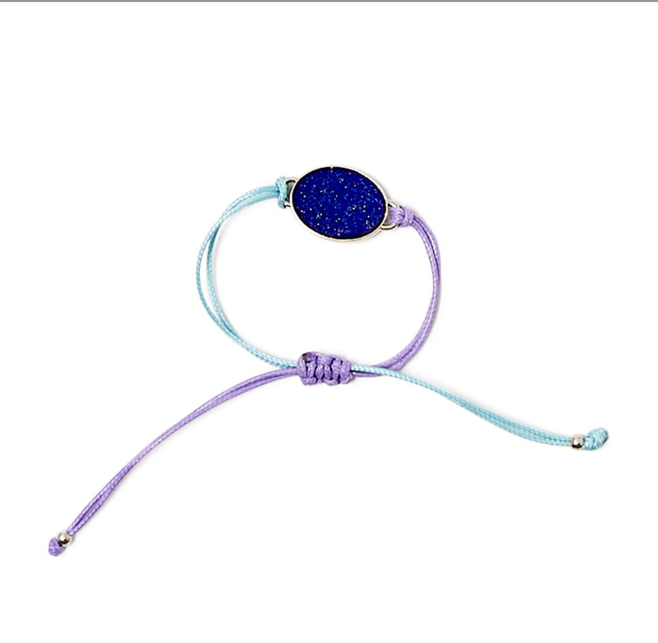 Adjustable Mood Bracelet:
- Features: Blue and purple cords, deep blue sparkly oval stone in silver-tone bezel
- Closure: Sliding knot for size adjustment
- Sizes available: One size adjustable