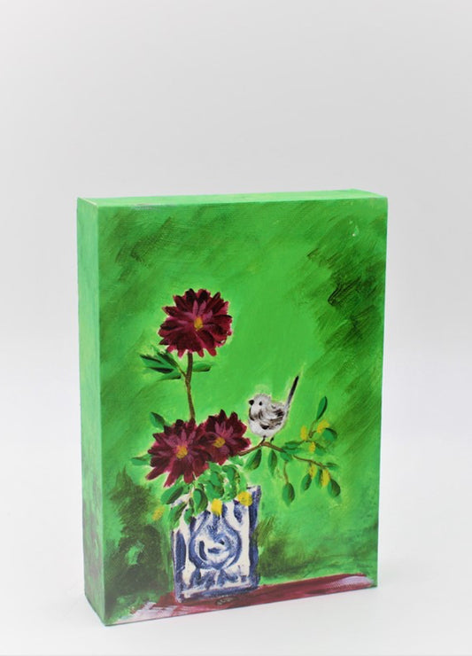 Bird with Vase Green Canvas