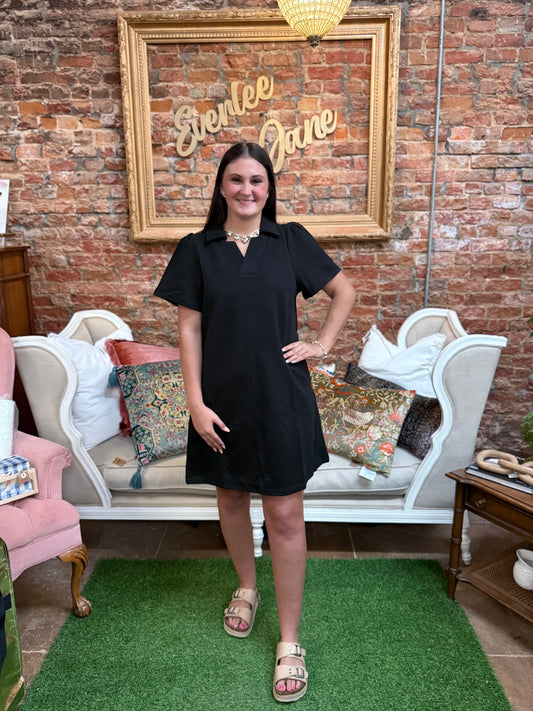 Collared Solid V-Neck Pullover Dress