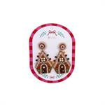Gingerbread house-shaped holiday earrings with vibrant decorations, available in small and medium sizes.