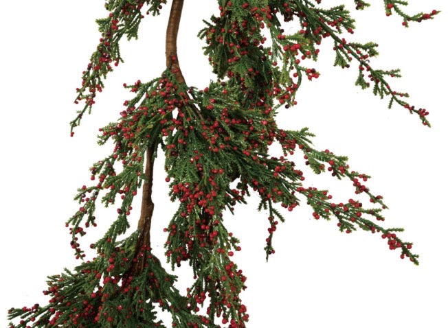 Faux Cypress Garland with red berries. Available in multiple sizes.