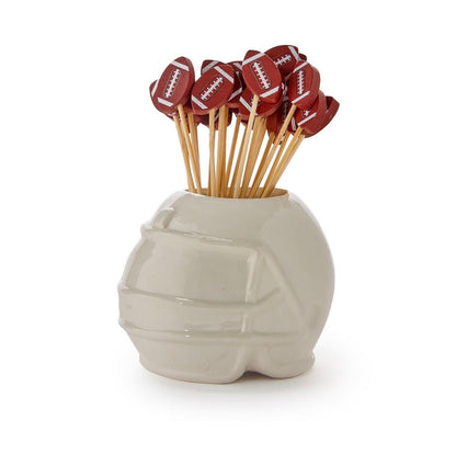 White ceramic football helmet pick holder with mini football-topped toothpicks; available in one size.