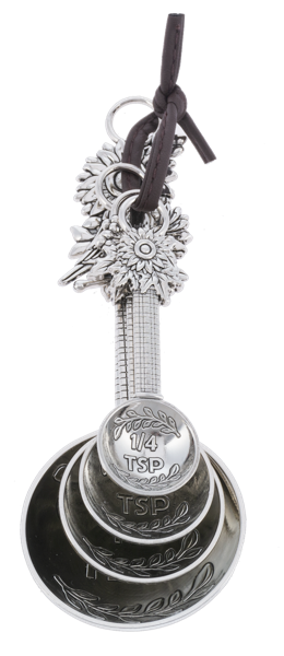 Sunflower measuring spoon set of four (1/4 tsp, 1/2 tsp, 1 tsp, 1 tbsp) with sunflower handles and leather cord.