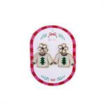 Bear-shaped holiday earrings with cream sweaters and green Christmas trees; available in small and medium sizes.