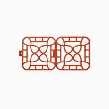 Two brown interlocking trivet tiles with rounded corners, geometric patterns. Available in 6-inch and 8-inch sizes.