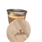 12oz beige soybean wax candle labeled "Bourbon Maple Sugar" in glass jar with wooden lid. Only available in 12oz size.
