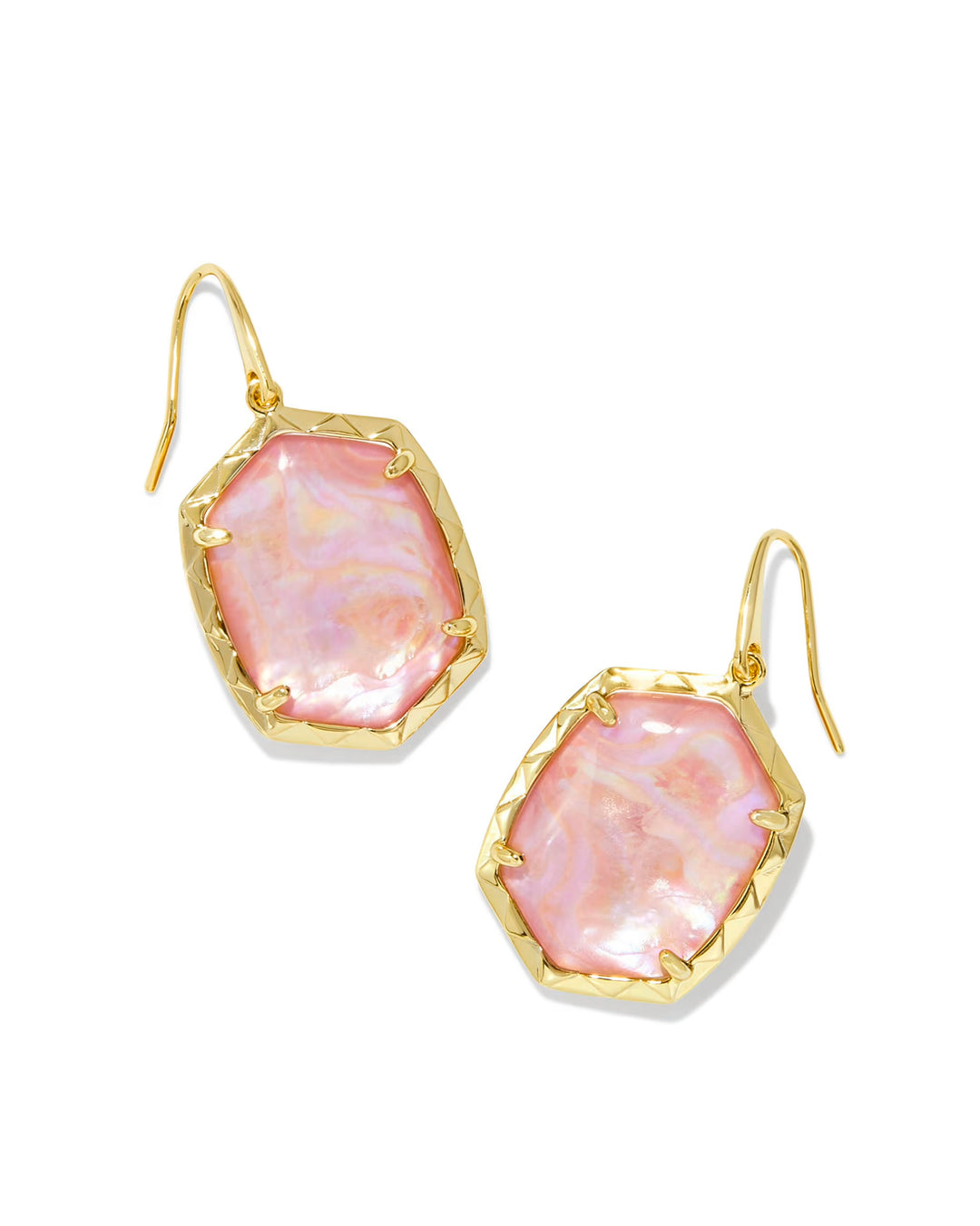 Daphne Gold Drop Earrings by Kendra Scott: large marbled pink stones in textured gold frames. Available in one size.