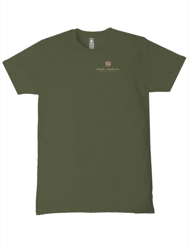 Olive green “God Turns Broken Pieces” t-shirt by Simply Southern with small light tan logo and text on the left chest; available in sizes S-XXL.
