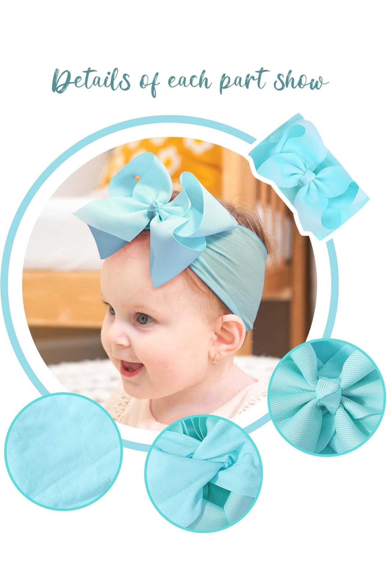 Infant and Toddler Bow Headband in large, light blue nylon. Close-ups show soft fabric, bow details, rolled view. Sizes: infant, toddler.