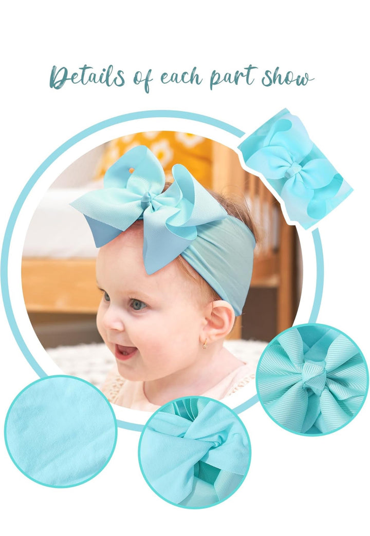 Infant and Toddler Bow Headband in large, light blue nylon. Close-ups show soft fabric, bow details, rolled view. Sizes: infant, toddler.