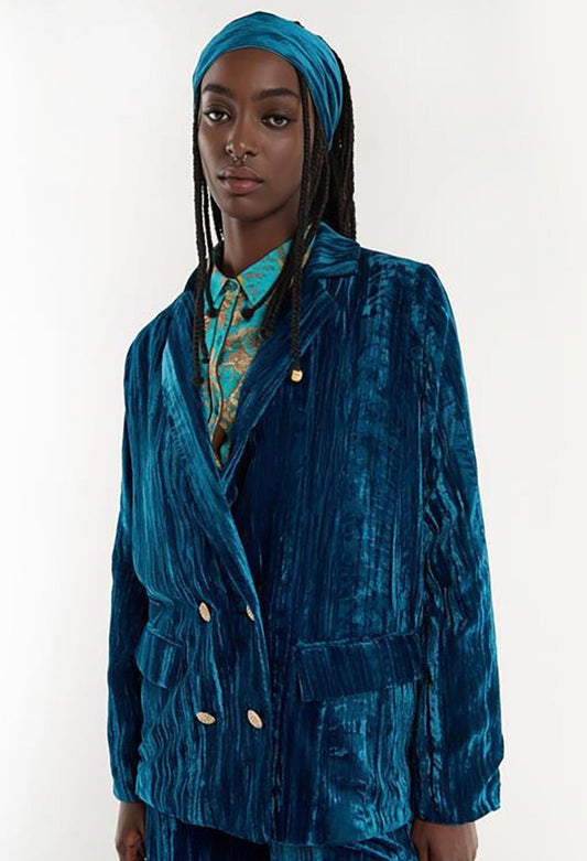 Kim Crushed Blue Velvet Jacket with gold buttons. Available in sizes XS–XL.