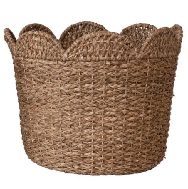 Braided bankuan and rattan scalloped baskets in brown with a scalloped edge.