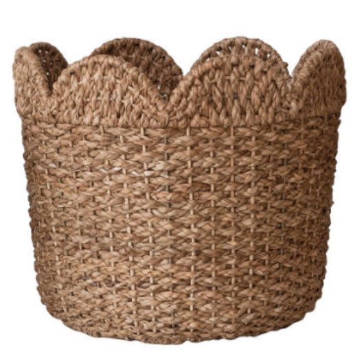 Braided Bankuan &amp; Rattan Scalloped Baskets, cylindrical with decorative scalloped edge.