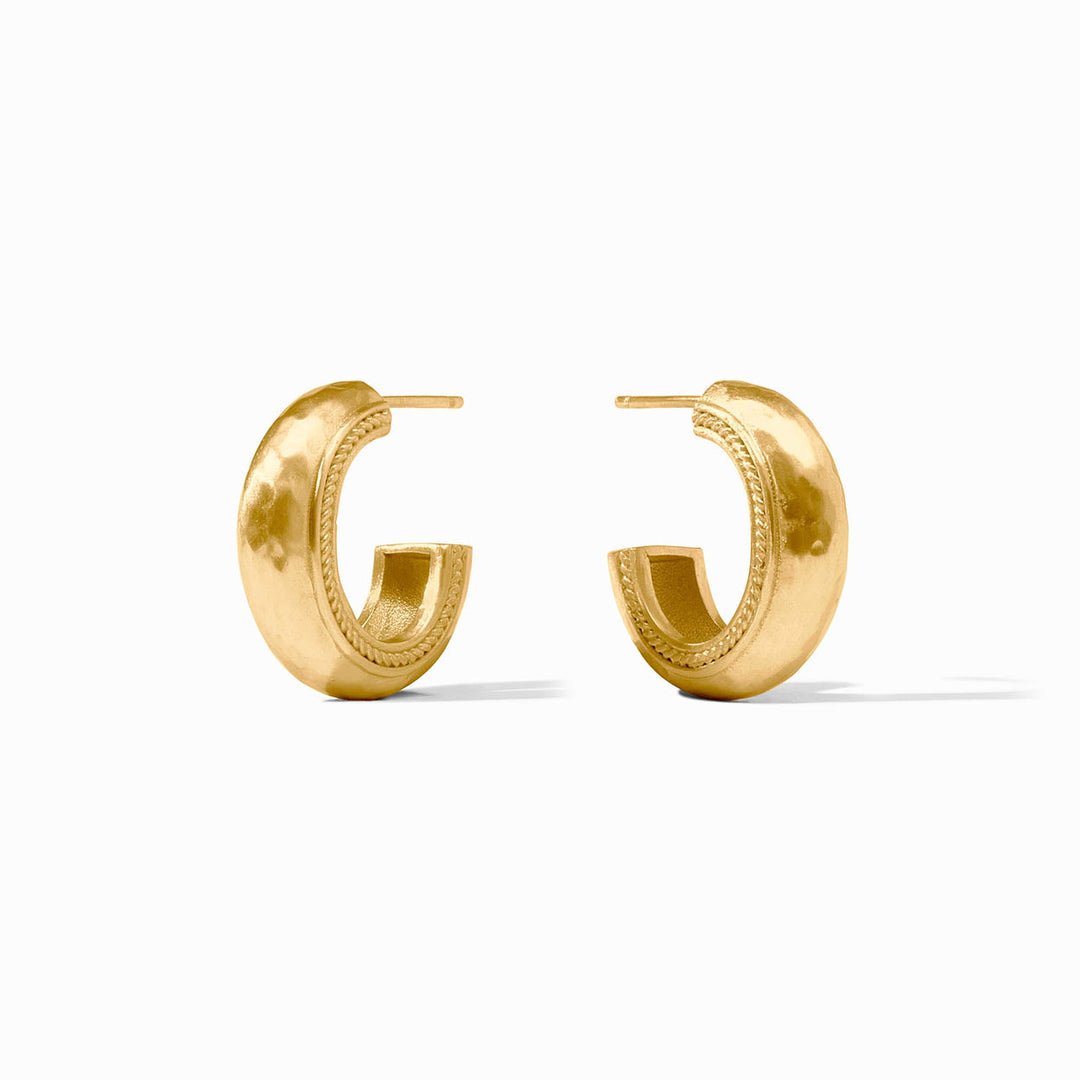 24K gold plated Cannes Hoop earrings with chunky, rounded shape and engraved inner detailing. Available in small and medium.