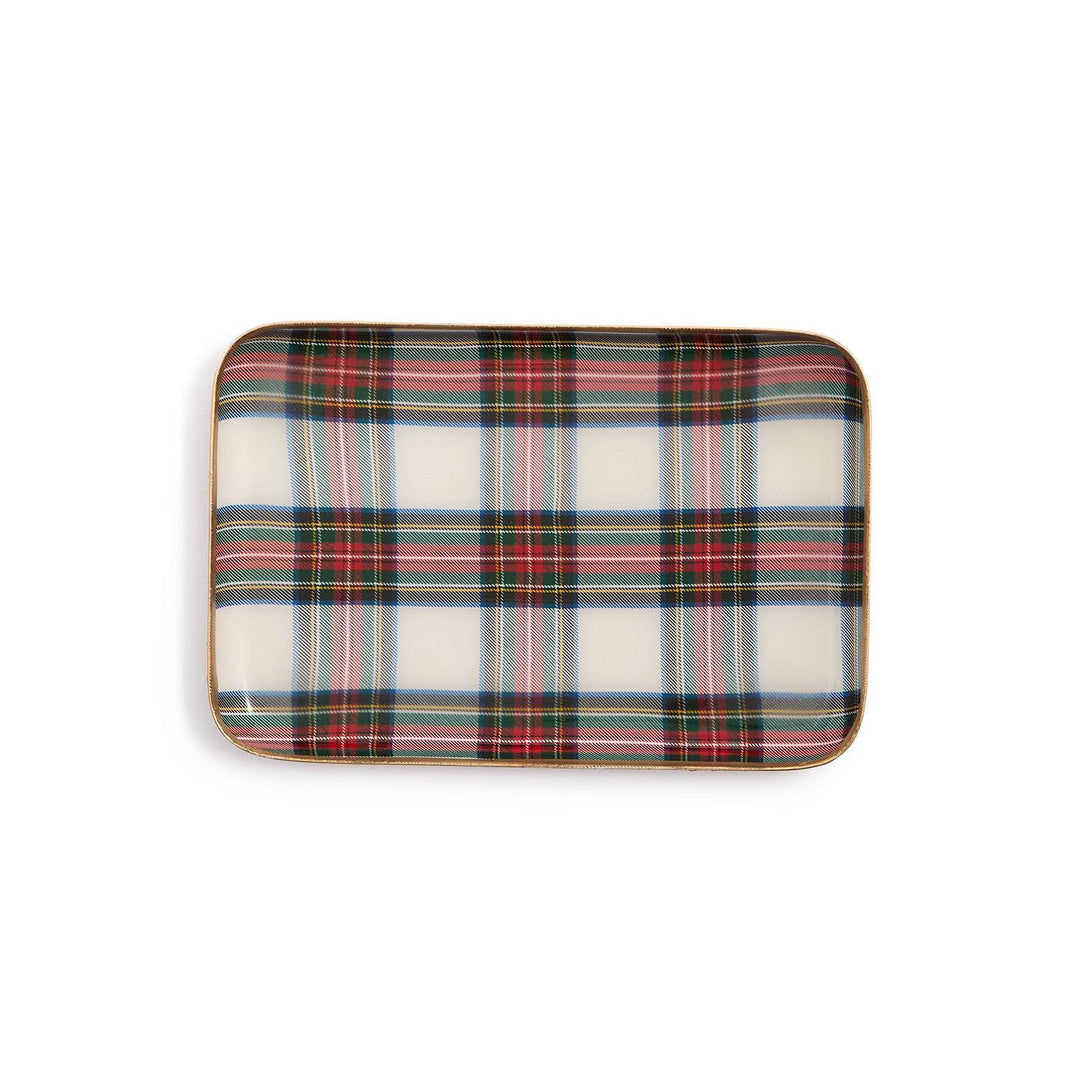 Rectangular Tartan Metal Tray with red, green, and white plaid pattern and gold-tone rim.