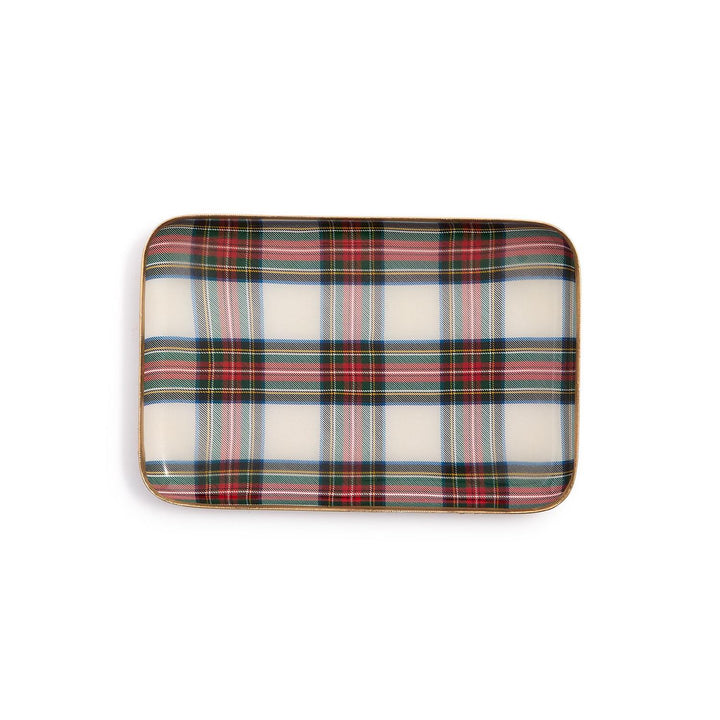 Rectangular Tartan Metal Tray with red, green, and white plaid pattern and gold-tone rim.