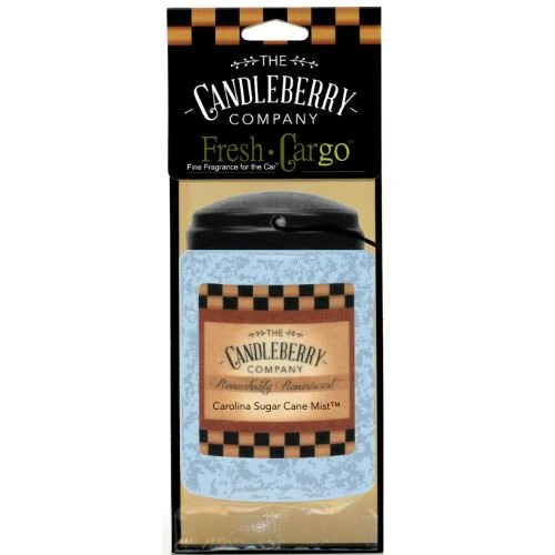 The Candleberry Company Car Freshener, Carolina Sugar Cane Mist scent, black and gold checkered packaging. Available in various sizes.
