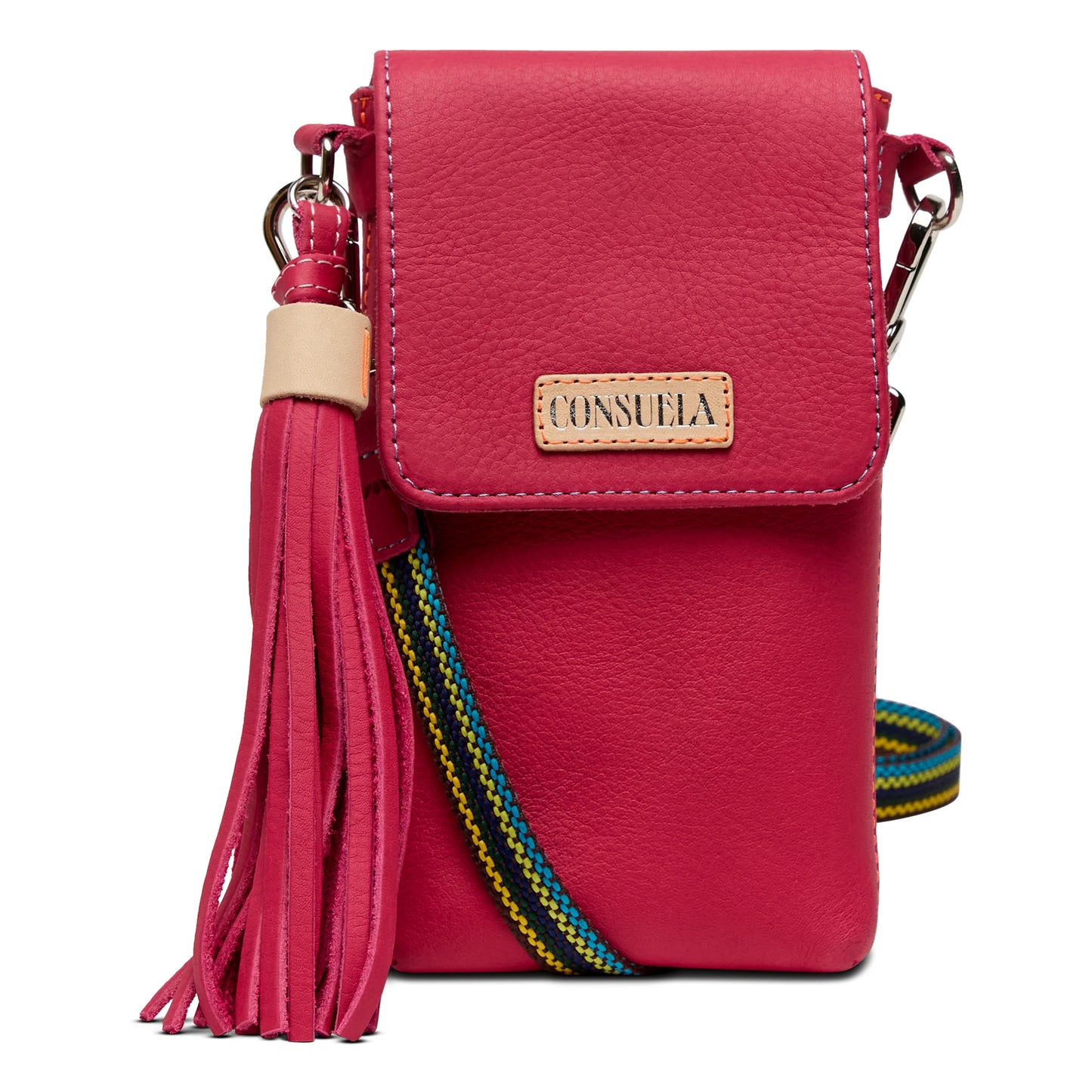 Small bright pink leather crossbody with tassel, flap closure, multicolored strap, Consuela patch. Sizes: one size.