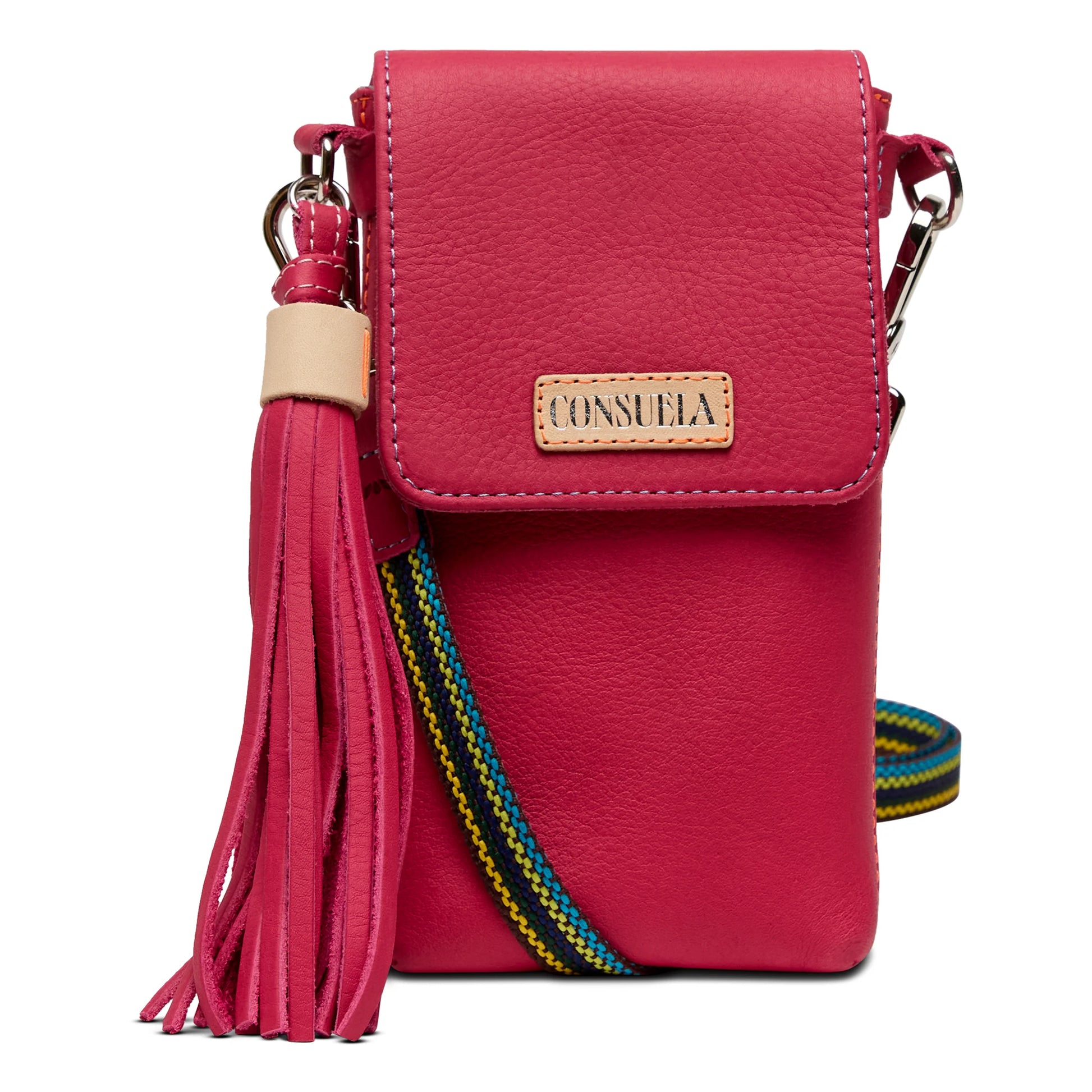 Small bright pink leather crossbody with tassel, flap closure, multicolored strap, Consuela patch. Sizes: one size.