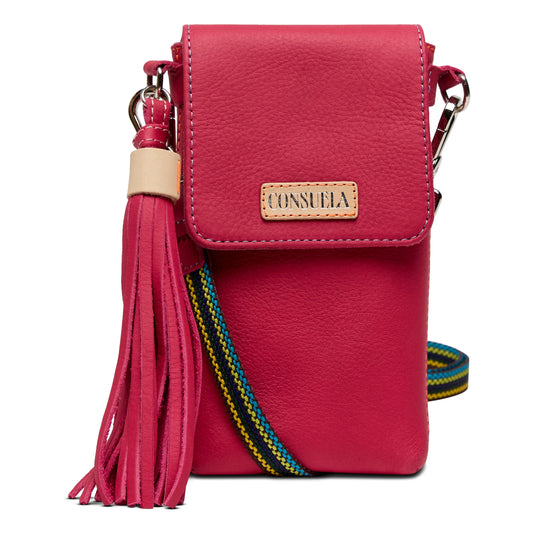 Small bright pink leather crossbody with tassel, flap closure, multicolored strap, Consuela patch. Sizes: one size.