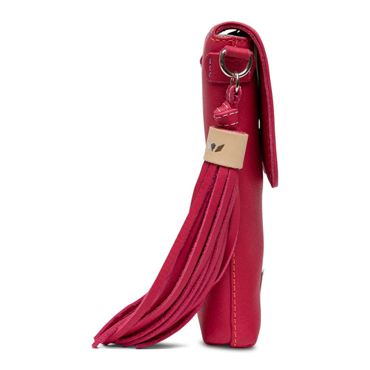 Red leather Dash Crossbody purse with visible stitching, large tassel, metal ring, beige tag. Available in S/M/L.
