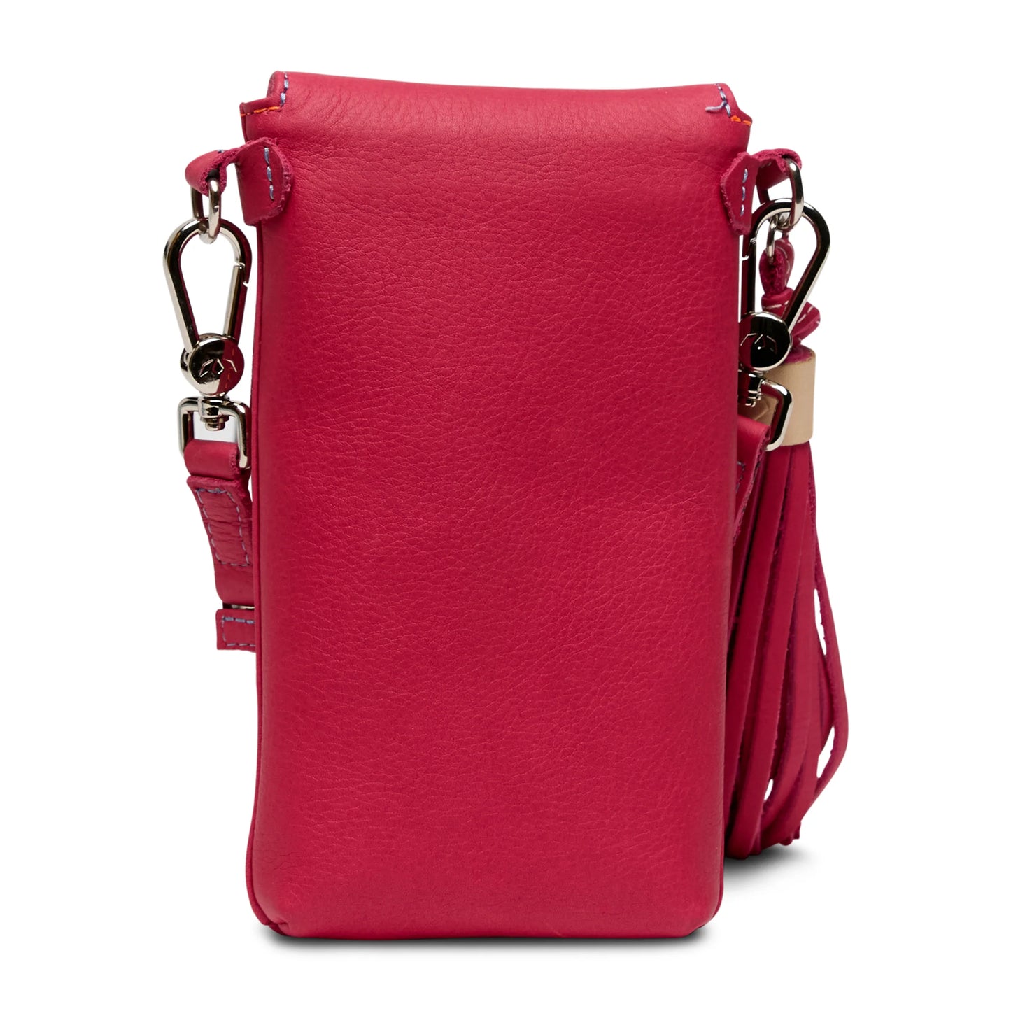 Compact bright pink leather Maren Dash Crossbody with detachable strap, gold-tone hardware, side tassel. Sizes: Small, Medium.