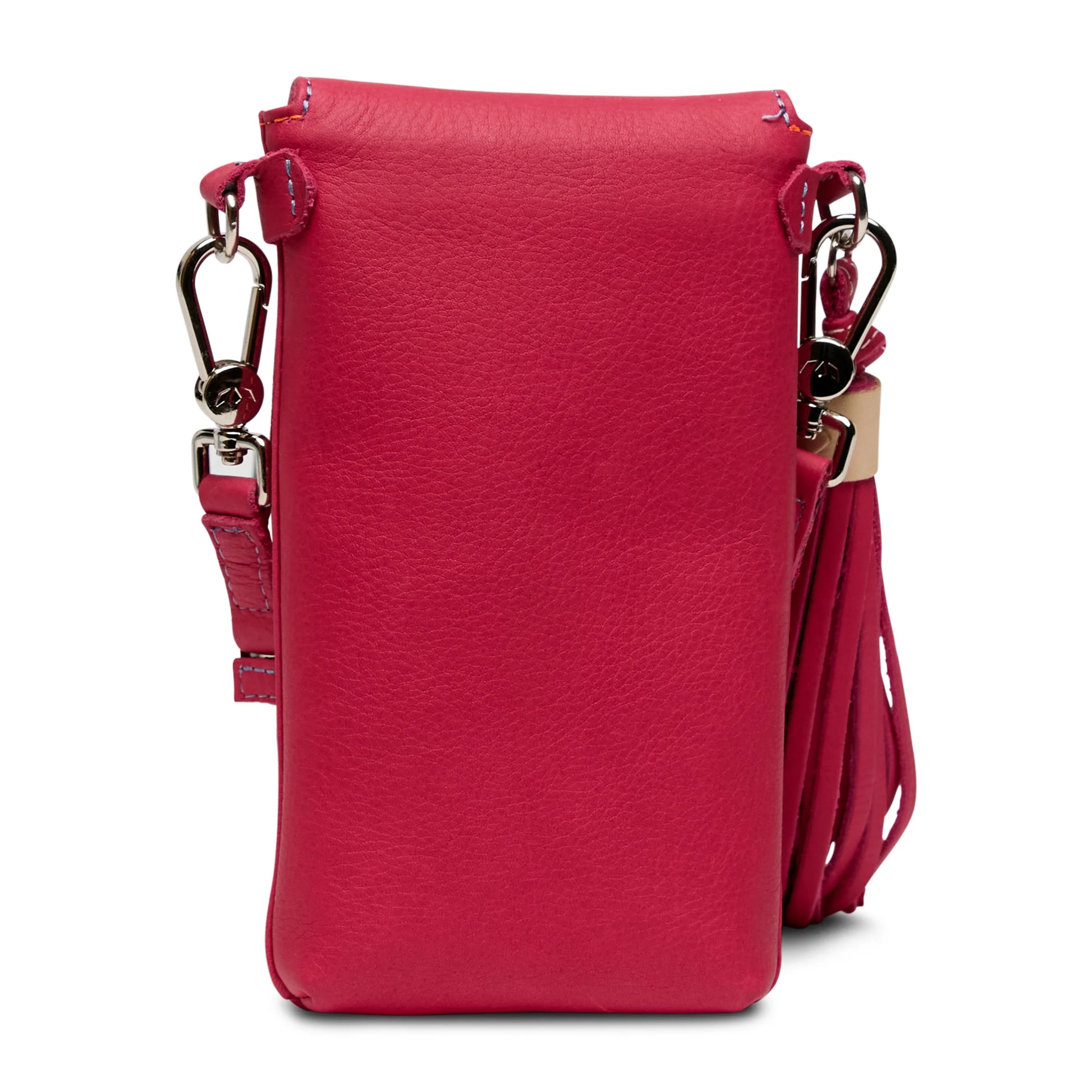 Compact bright pink leather Maren Dash Crossbody with detachable strap, gold-tone hardware, side tassel. Sizes: Small, Medium.