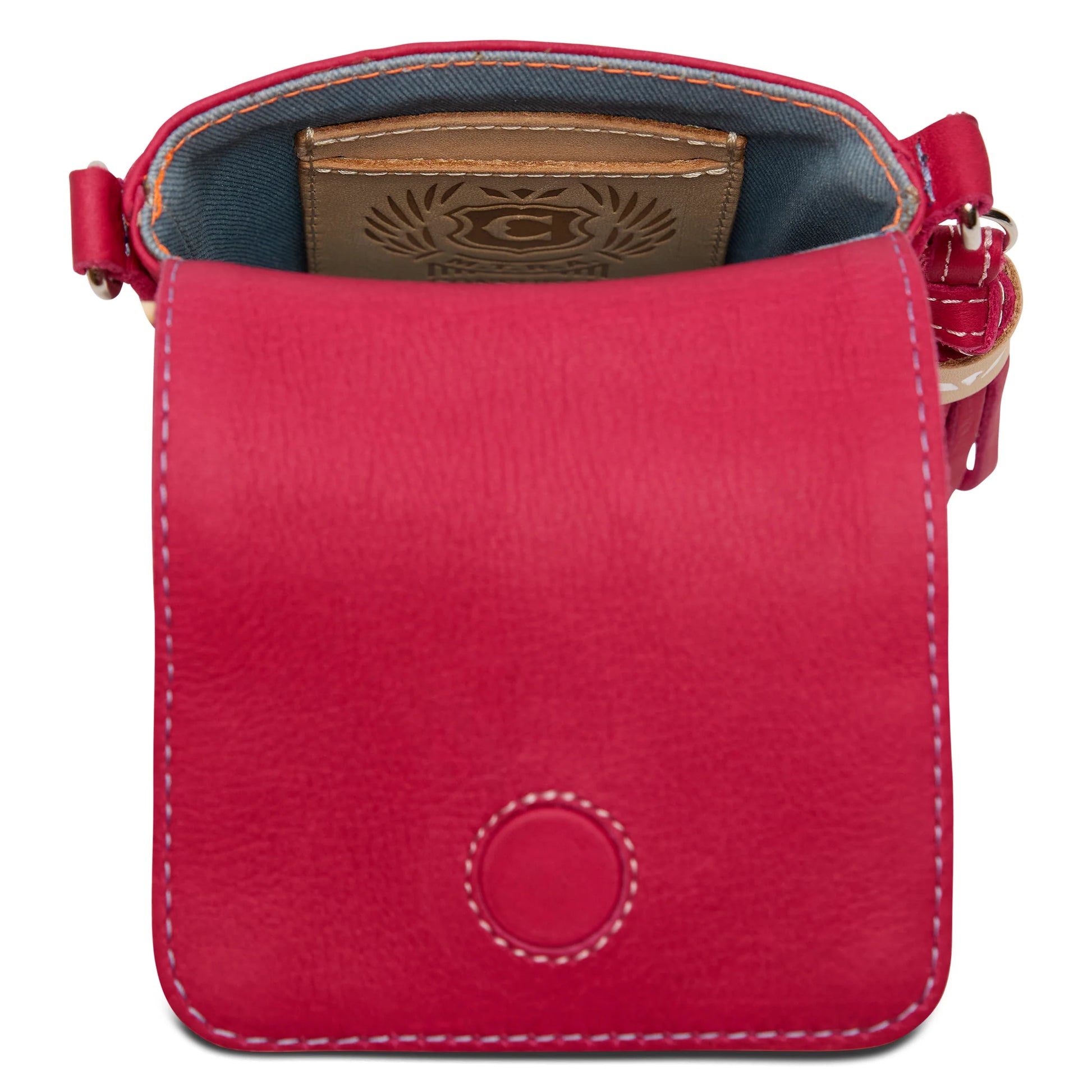 Bright pink leather crossbody phone bag with white stitching, metal clasp, blue lining, wallet/cardholder. Sizes: S/M/L.