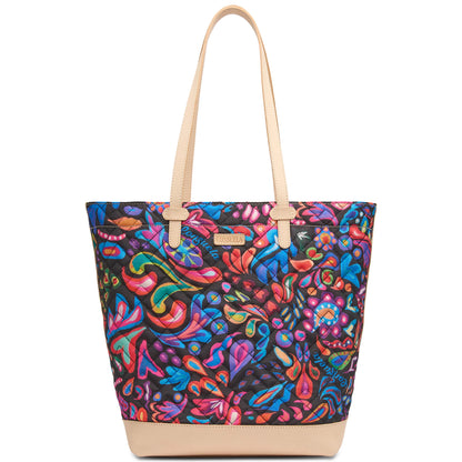 Sam Daily Tote with beige handles, multicolored abstract print, spacious interior; available in small, medium, and large.