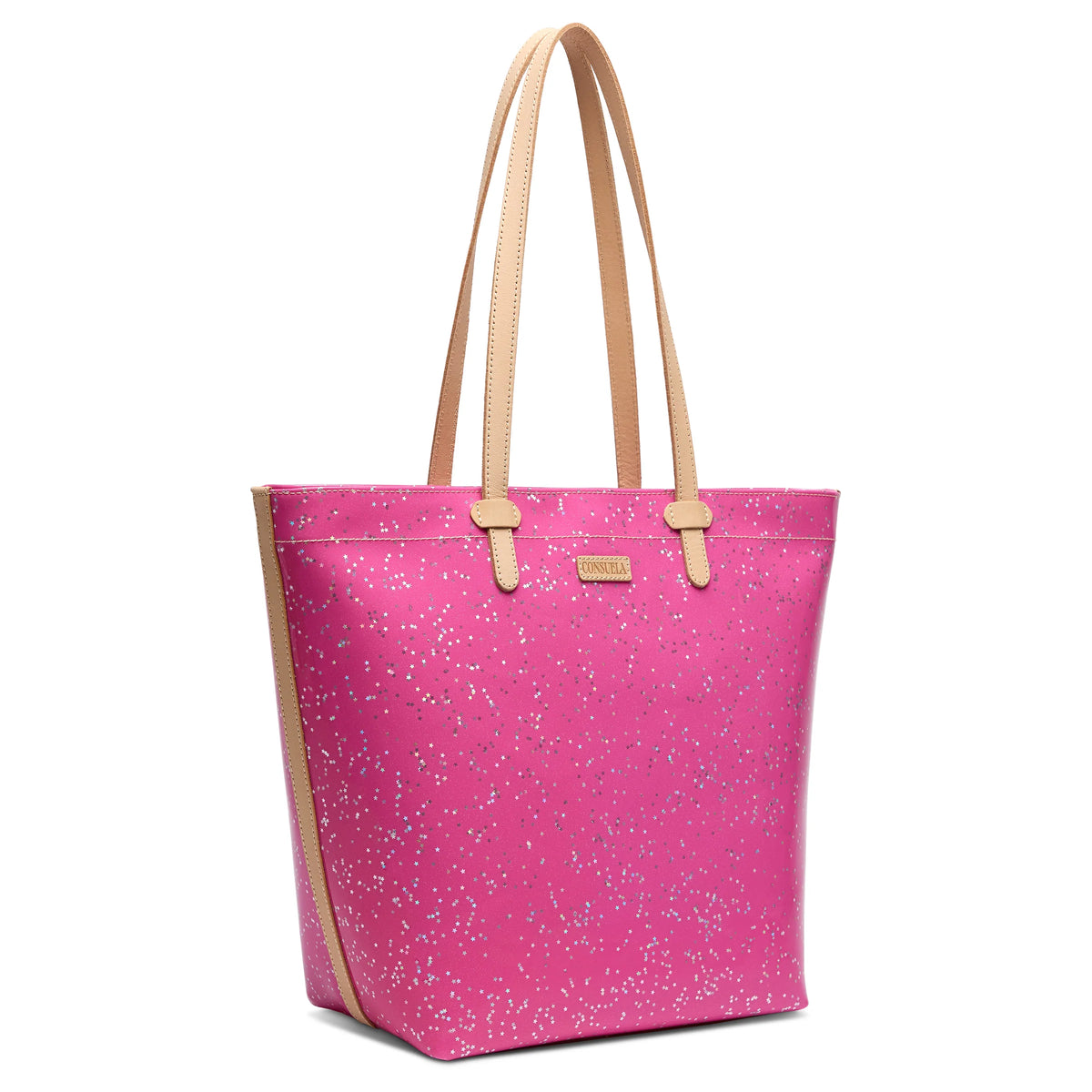 Pink leather tote with beige handles, speckled silver pattern, gold brand plaque, spacious interior, and zippered closure. Sizes available: small, medium, large.
