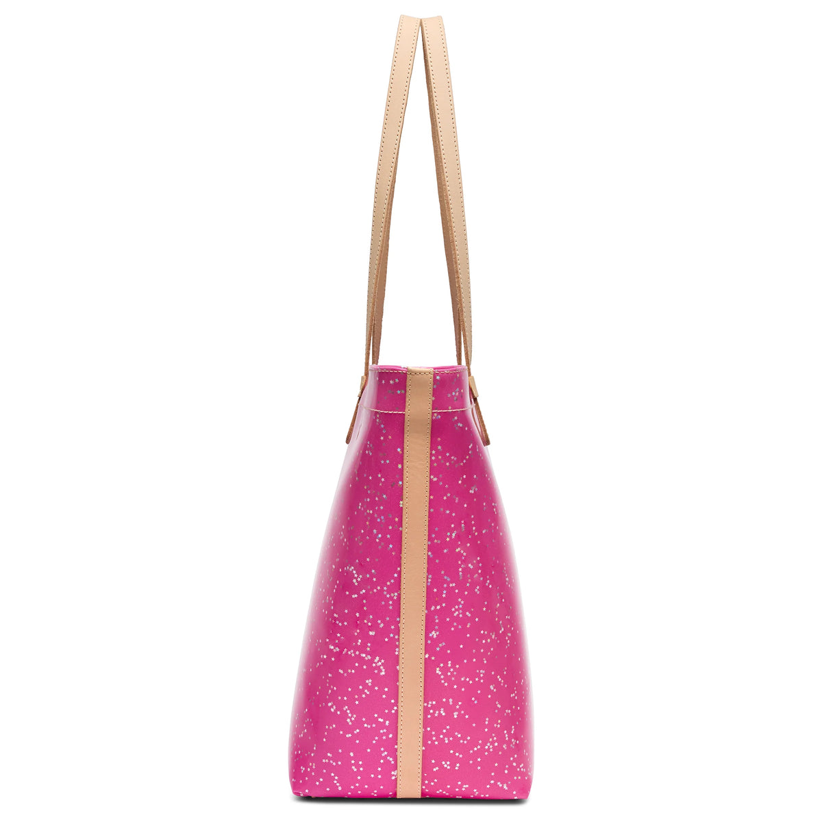The Daily Tote, Berry is a pink leather handbag with white speckles, a tan center stripe, tan shoulder straps, zippered closure, and spacious interior. Sizes available: Small, Medium, Large.