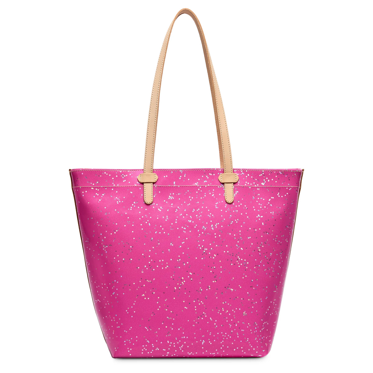 Pink leather Daily Tote in Berry with beige handles, white speckled pattern, spacious interior, and zippered closure. Available in small, medium, and large sizes.