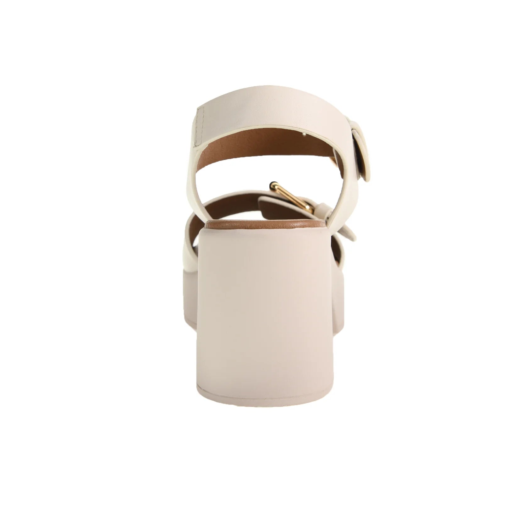 The Drew Platform Sandal in Cream features a cushy block heel and minimalist design with an adjustable buckle. Sizes available: 5-11.