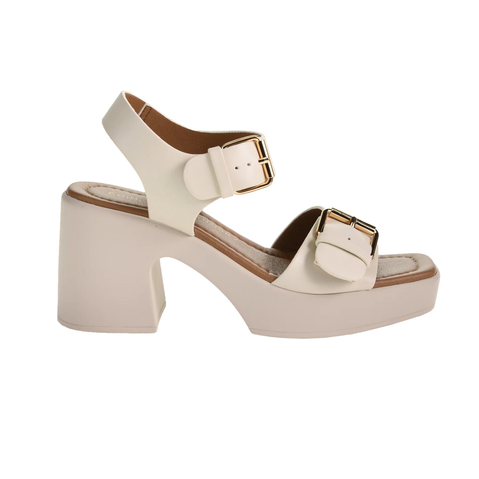 The Drew Platform Sandal - Cream: Open-toe platform sandal with a block heel, two adjustable ankle straps, and gold buckles. Available sizes: 6-11.