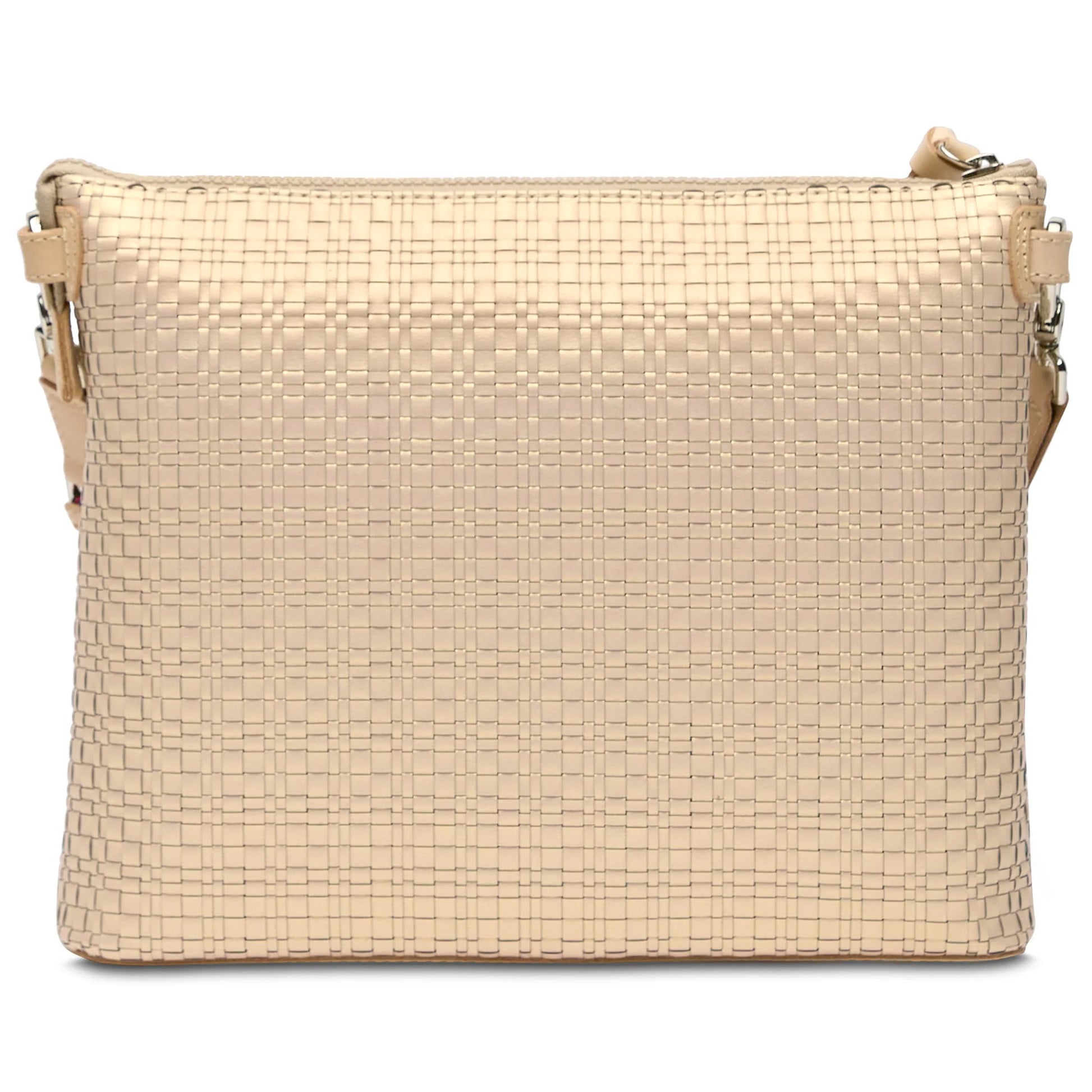 Textured beige crossbody bag with gold-tone hardware, zippered top closure, and adjustable strap. Available in sizes: Small, Medium, Large.