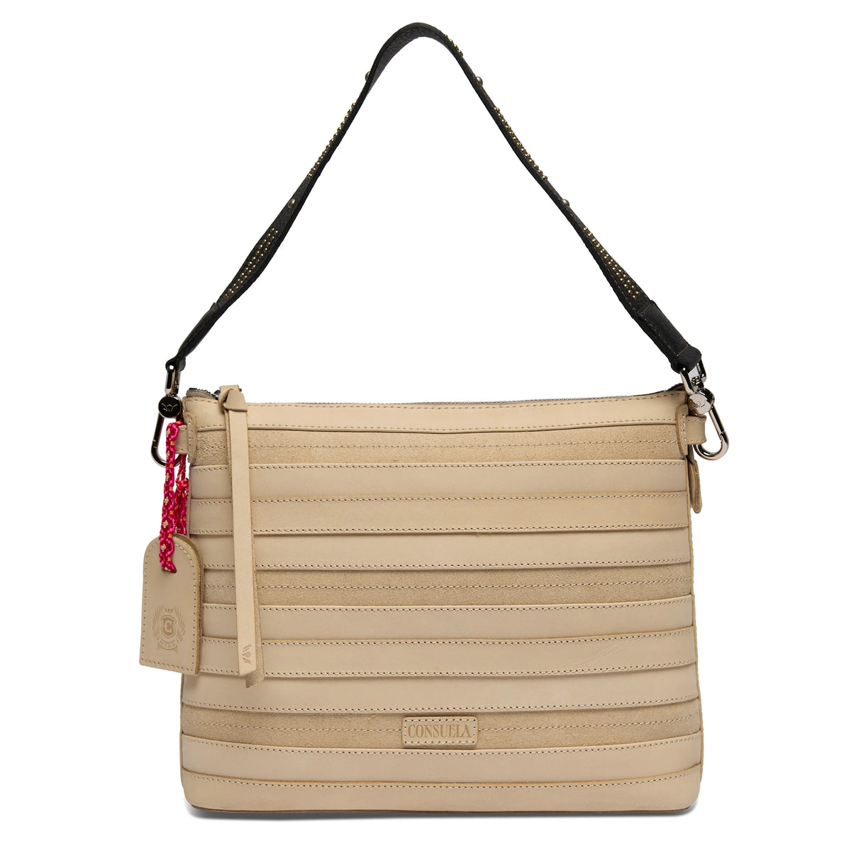 Beige leather crossbody bag with horizontal stitching, black adjustable strap, beige tag, and red chain detail. Rectangular shape and minimalist design. Available in small, medium, and large sizes.
