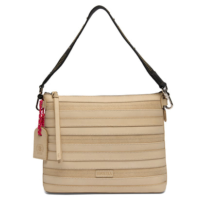 Beige leather crossbody bag with horizontal stitching, black adjustable strap, beige tag, and red chain detail. Rectangular shape and minimalist design. Available in small, medium, and large sizes.