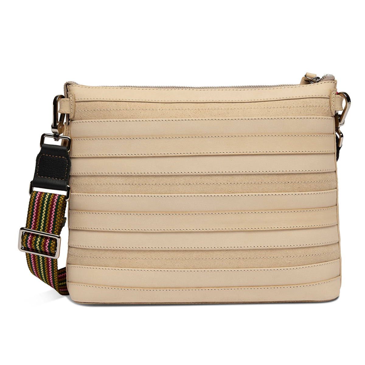 Beige Diego leather crossbody bag with horizontal stitched lines, wide adjustable striped strap, metal hardware, and zippered top closure. Available in multiple sizes.