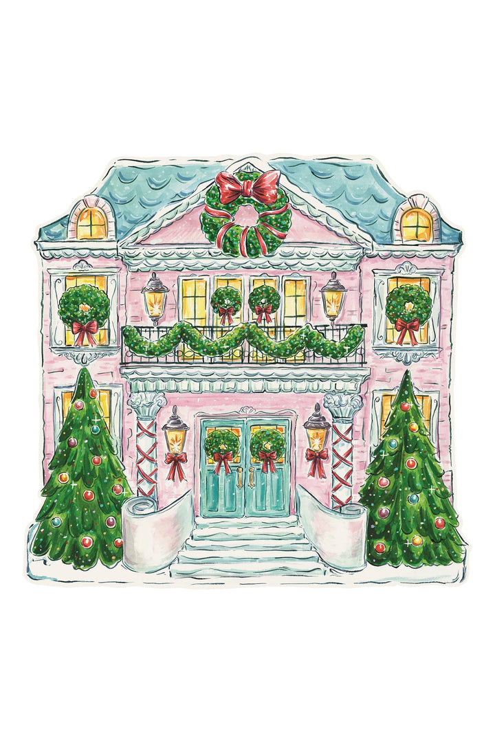 Holiday Home Placemats, die-cut pink two-story house with Christmas wreaths, garlands, and two decorated Christmas trees.