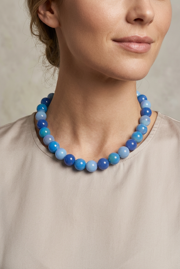 Mixed Color Beaded Necklace, 16-18 inch round, mixed-color blue beaded strands.