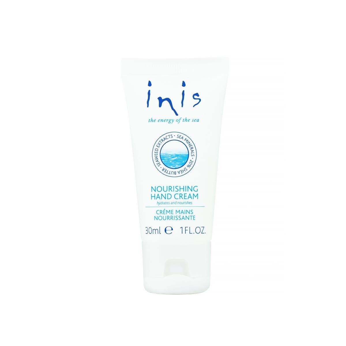 30ml white tube of Inis Fragrances of Ireland Hand Cream with blue text, wave logo, and "the energy of the sea" label.