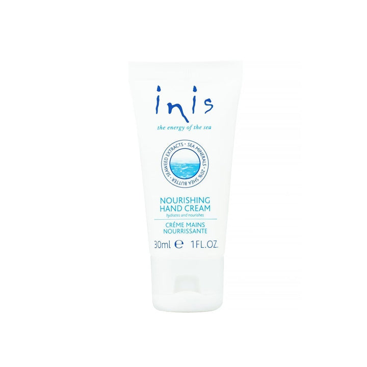 30ml white tube of Inis Fragrances of Ireland Hand Cream with blue text, wave logo, and "the energy of the sea" label.