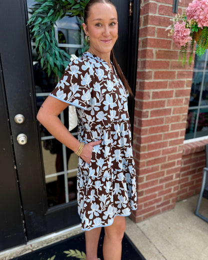 Ivy Growing Grace Blue Mini Dress with blue floral patterns; available in sizes XS–XL.