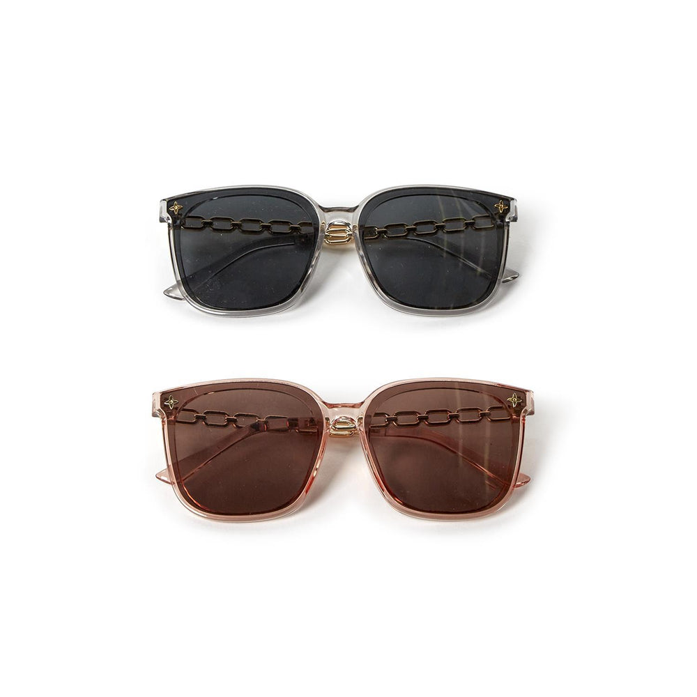 Chain Link Sunglasses, two pairs with chain details, 100% UV protection. Available in sizes S, M, L. Includes case.