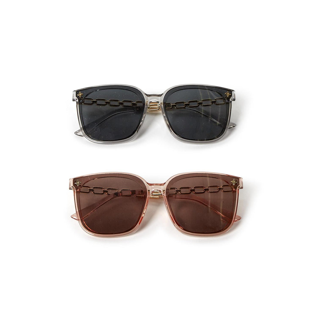 Chain Link Sunglasses, two pairs with chain details, 100% UV protection. Available in sizes S, M, L. Includes case.