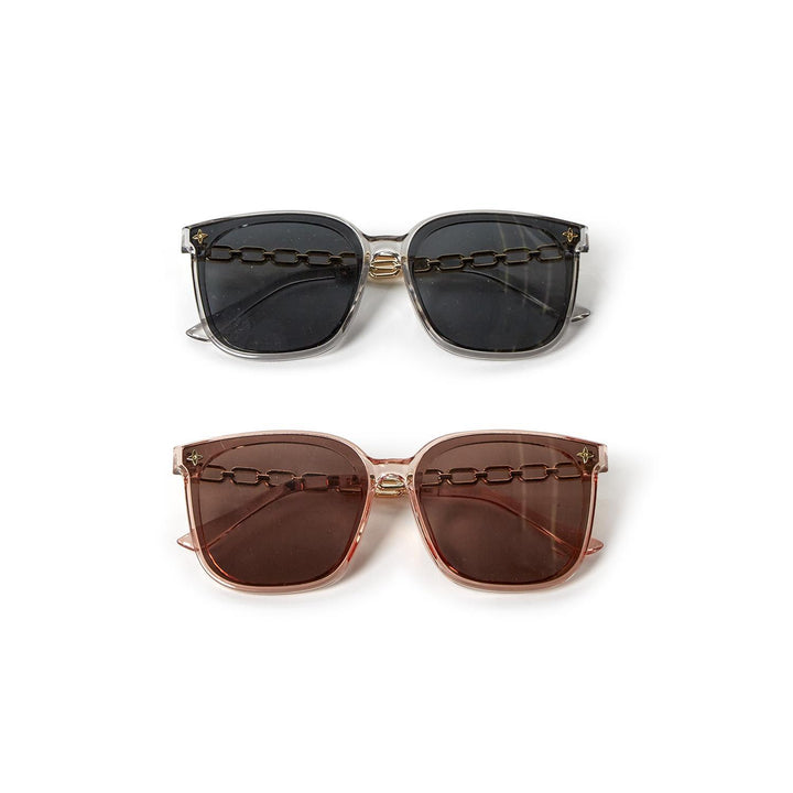 Chain Link Sunglasses, two pairs with chain details, 100% UV protection. Available in sizes S, M, L. Includes case.