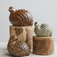 Stoneware Quails in brown and green reactive glaze. Available in small, medium, and large sizes.