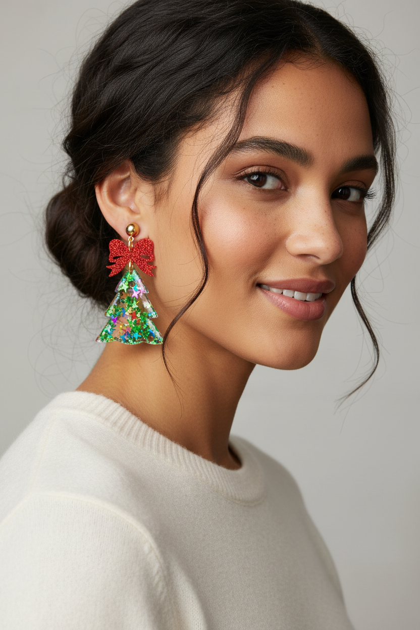 Twinkle Tree Earring, shaped as a Christmas tree with a red bow top and multicolored star sequins.