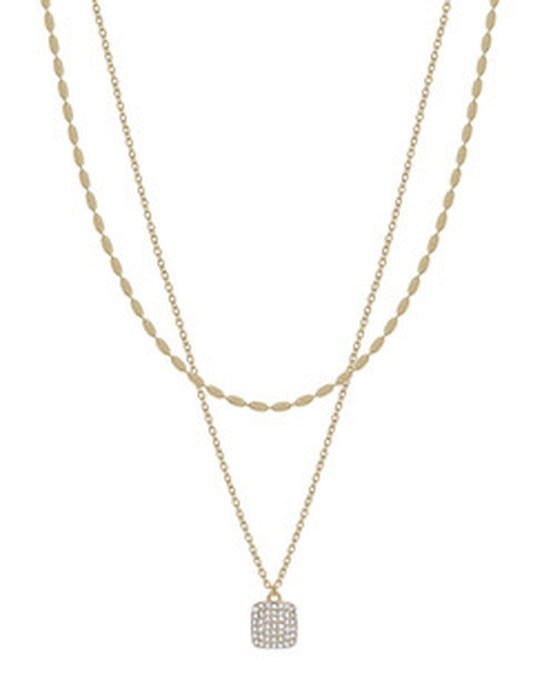 Gold double chain necklace with small oval beads and a crystal pendant. Sizes available: S, M, L.
