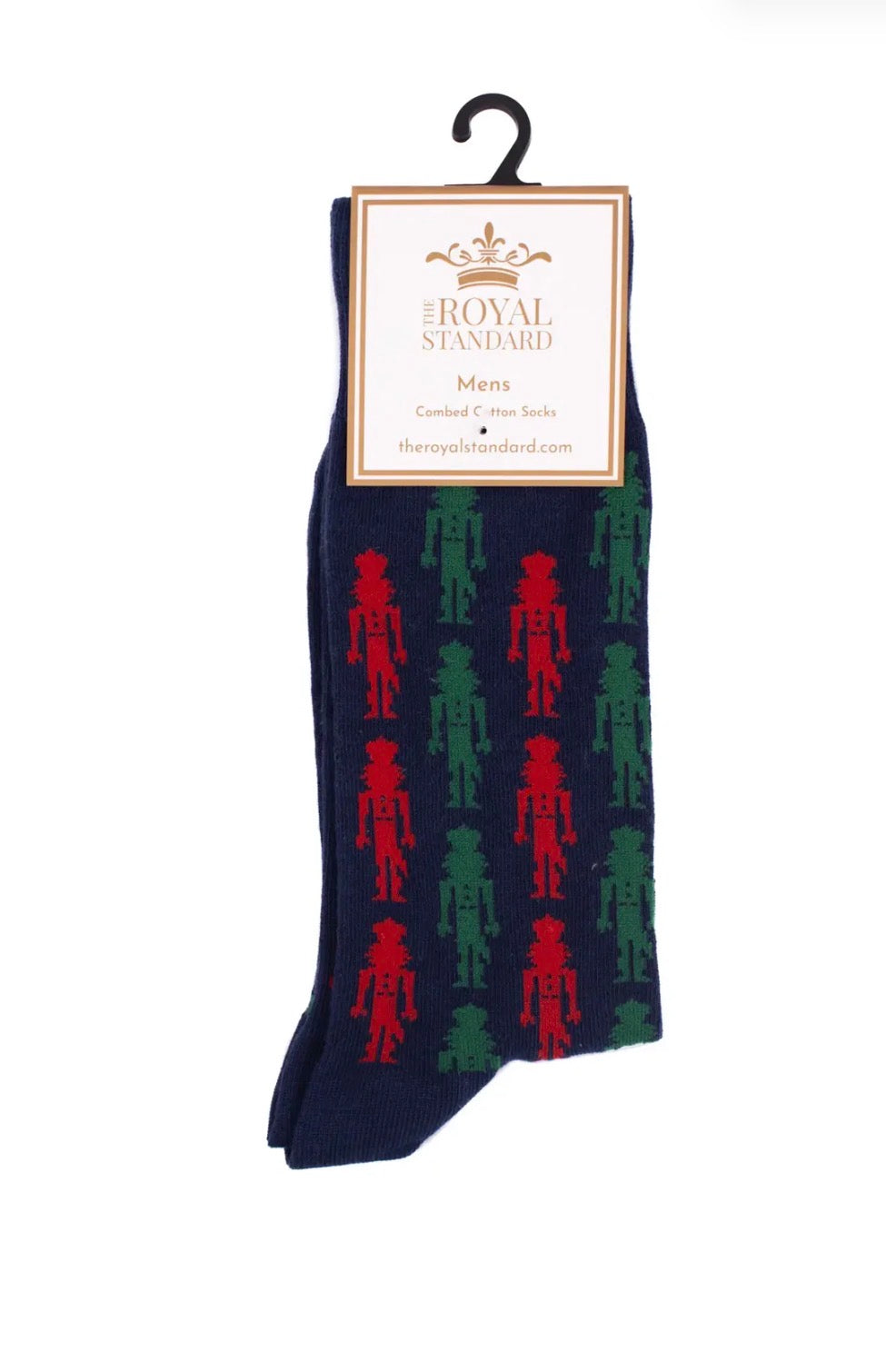 Navy blue men’s nutcracker socks with a repeating red and green pattern.